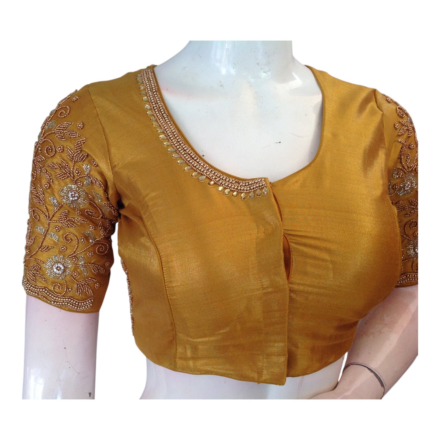 Lustrous Gold Tissue Silk High Neck Blouse with Aari Floral & Peacock Work