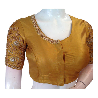Lustrous Gold Tissue Silk High Neck Blouse with Aari Floral & Peacock Work