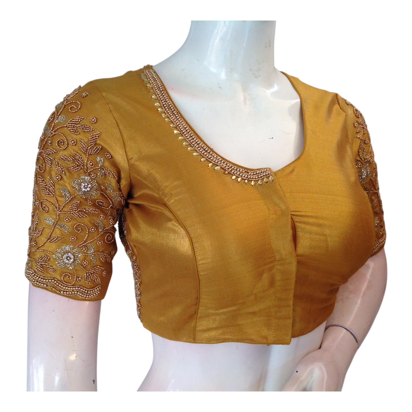 Lustrous Gold Tissue Silk High Neck Blouse with Aari Floral & Peacock Work