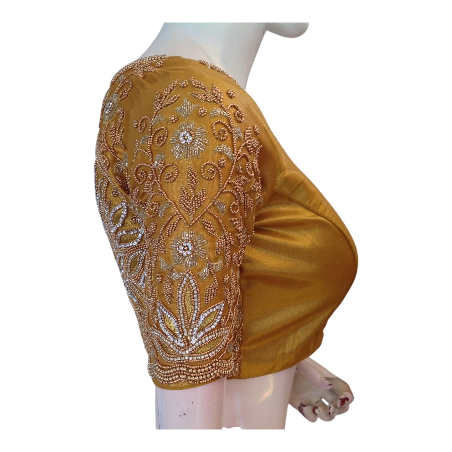 Lustrous Gold Tissue Silk High Neck Blouse with Aari Floral & Peacock Work
