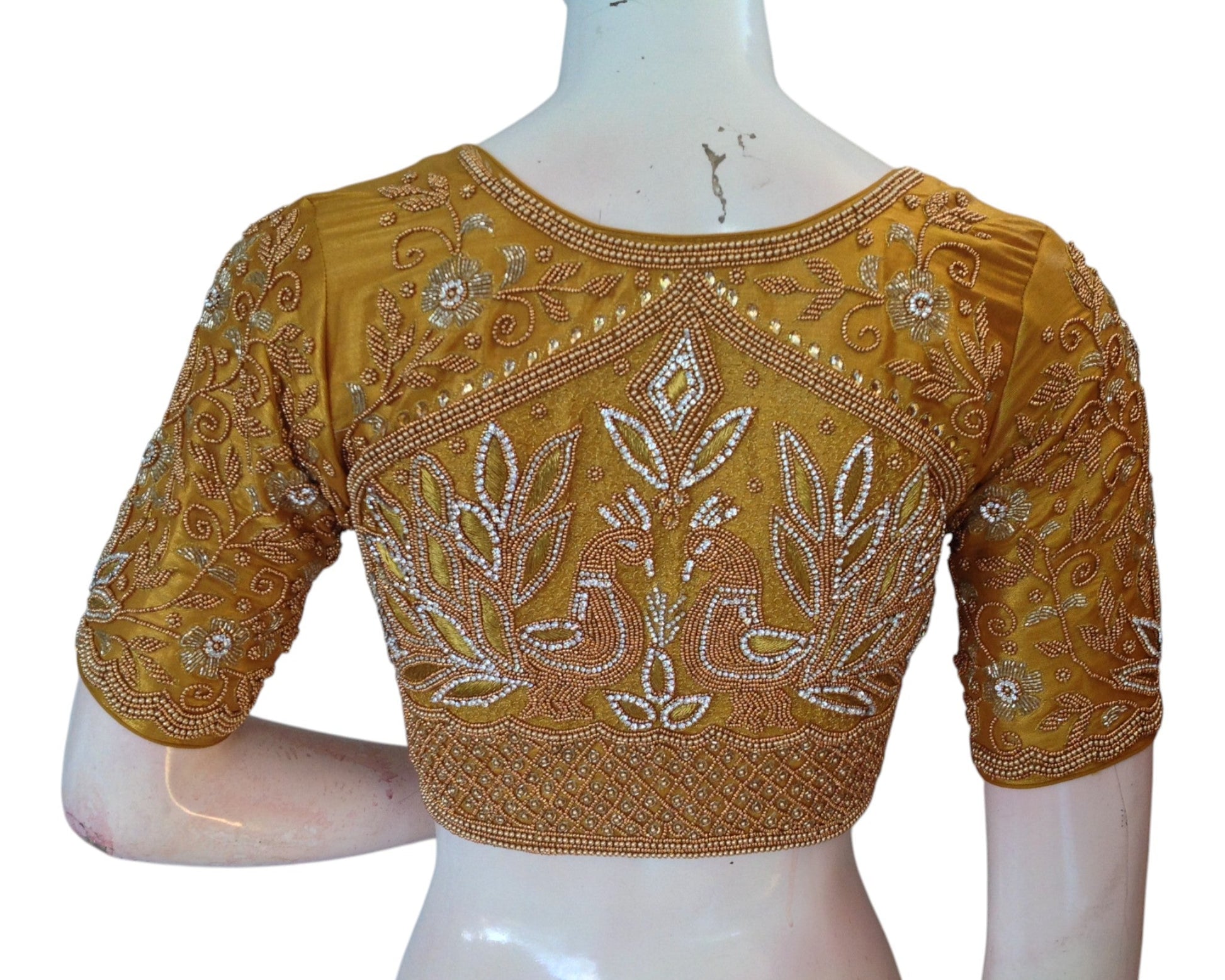 Lustrous Gold Tissue Silk High Neck Blouse with Aari Floral & Peacock Work