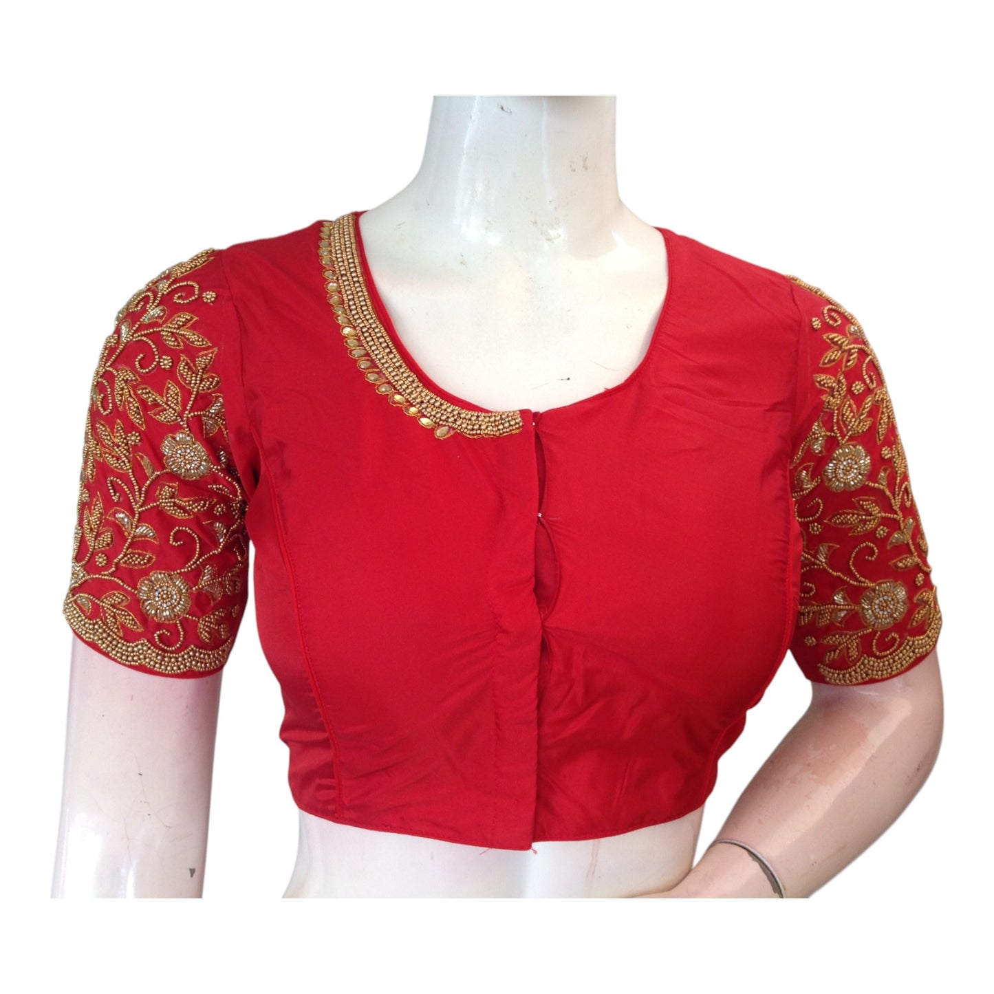 Vibrant Red High Neck Blouse with Aari Floral & Peacock Handwork Blouse