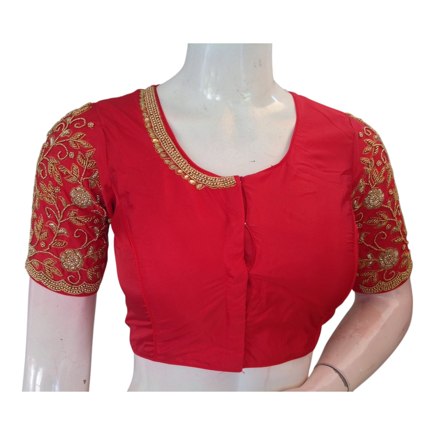 Vibrant Red High Neck Blouse with Aari Floral & Peacock Handwork Blouse