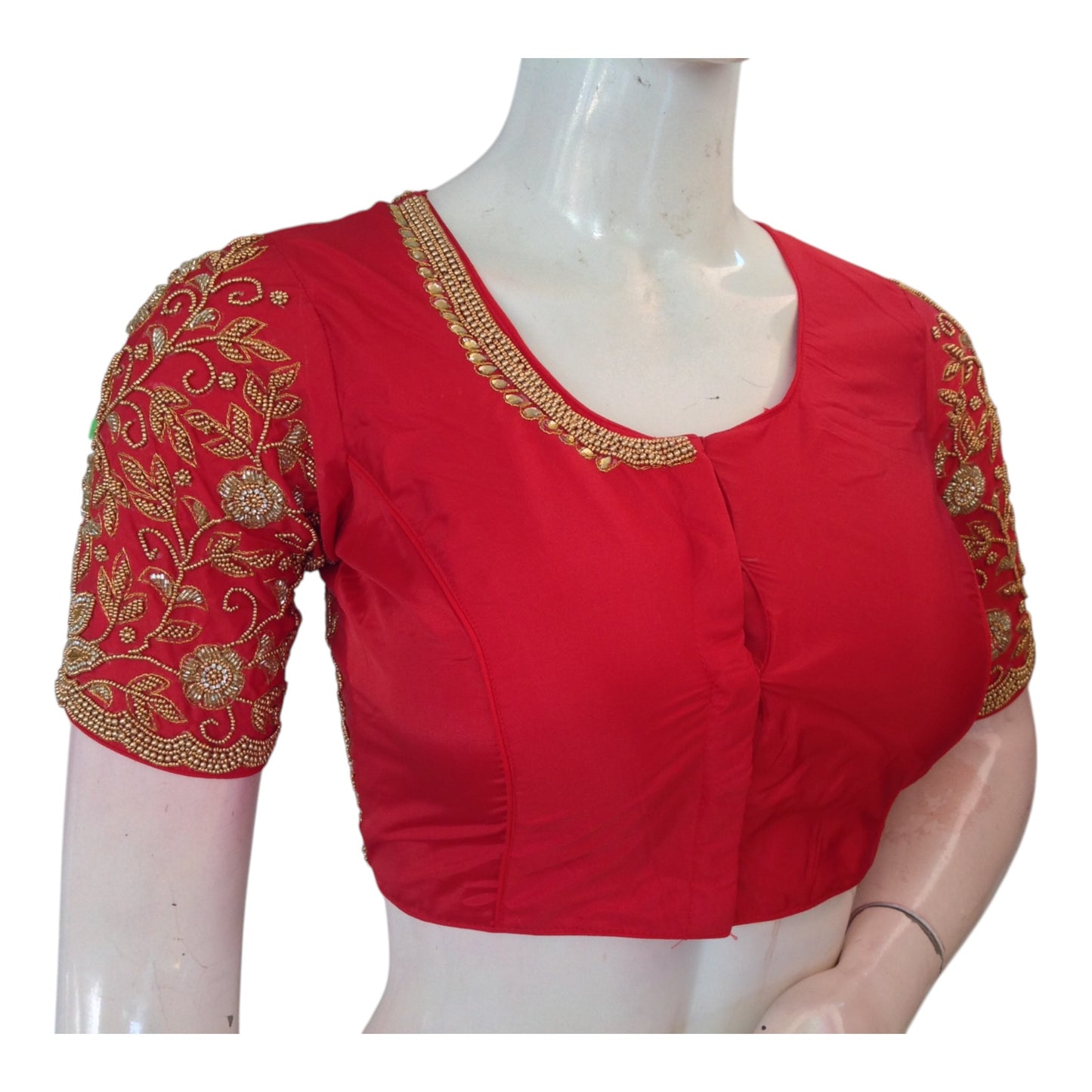 Vibrant Red High Neck Blouse with Aari Floral & Peacock Handwork Blouse