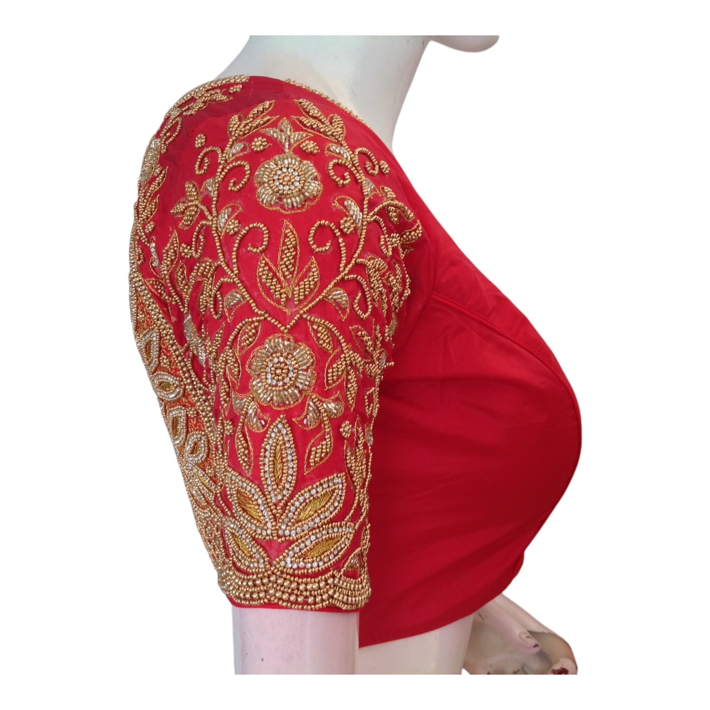 Vibrant Red High Neck Blouse with Aari Floral & Peacock Handwork Blouse