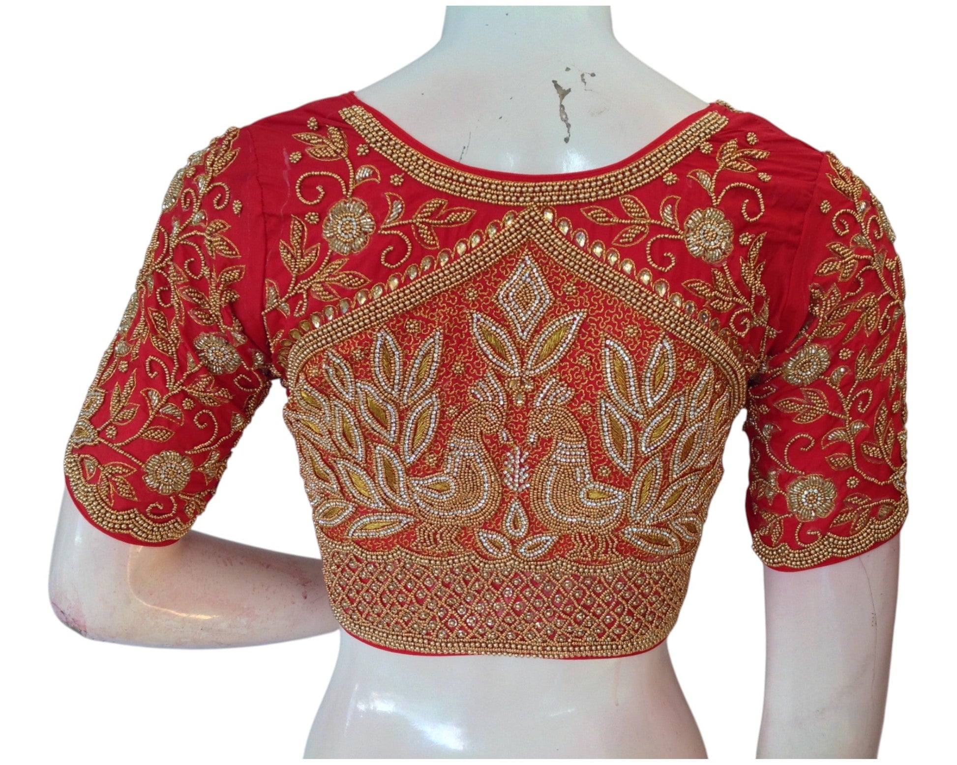 Vibrant Red High Neck Blouse with Aari Floral & Peacock Handwork Blouse
