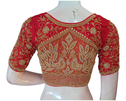 Vibrant Red High Neck Blouse with Aari Floral & Peacock Handwork Blouse