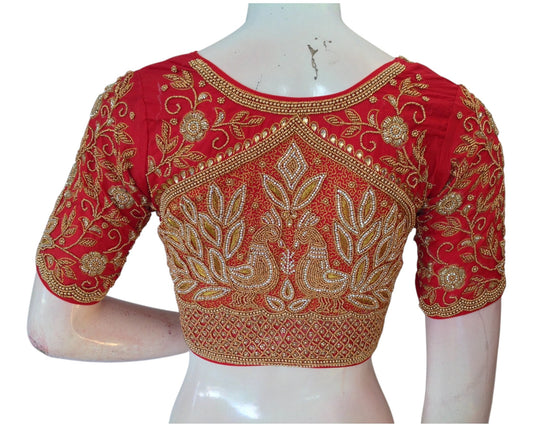 Vibrant Red High Neck Blouse with Aari Floral & Peacock Handwork Blouse
