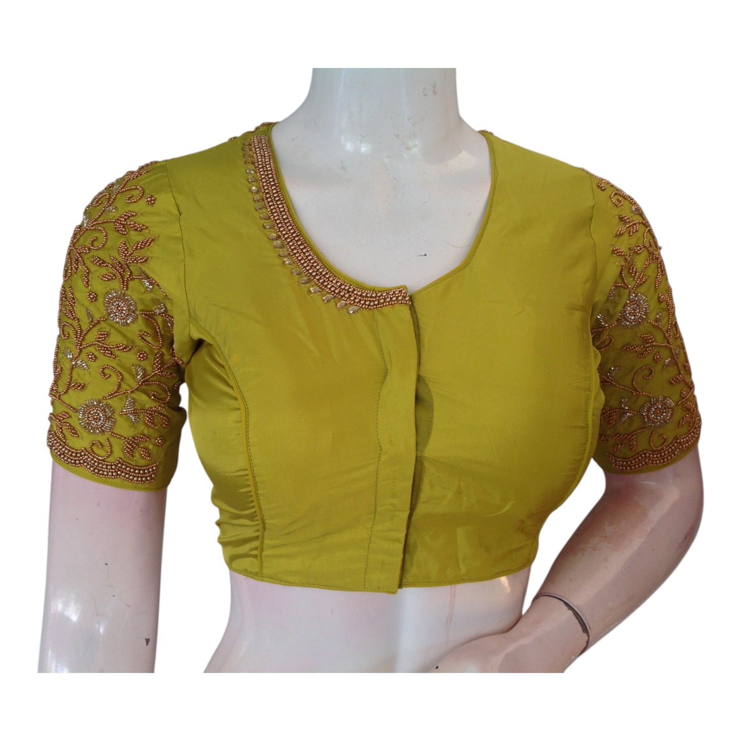 Fresh Lemon Green High Neck Blouse with Aari Floral & Peacock Handwork