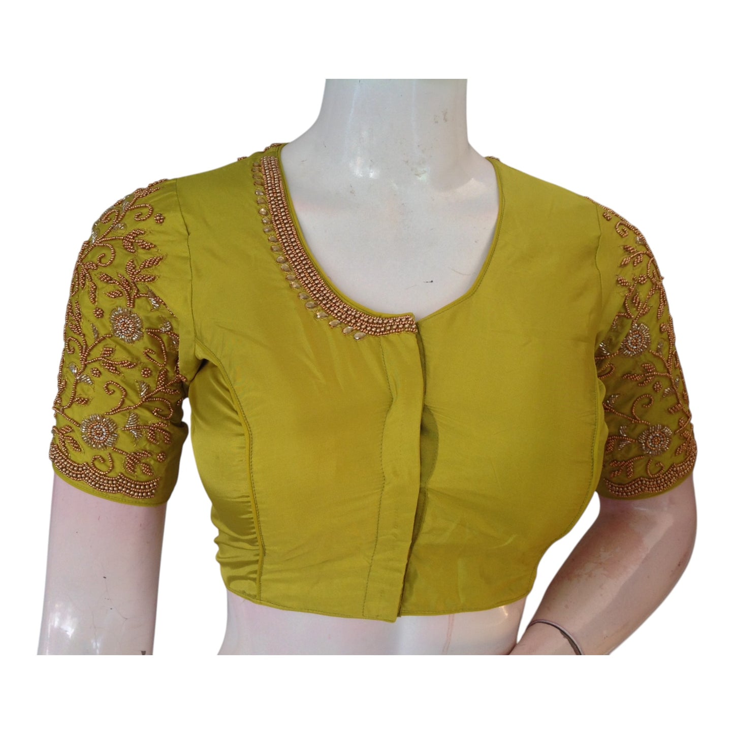 Fresh Lemon Green High Neck Blouse with Aari Floral & Peacock Handwork