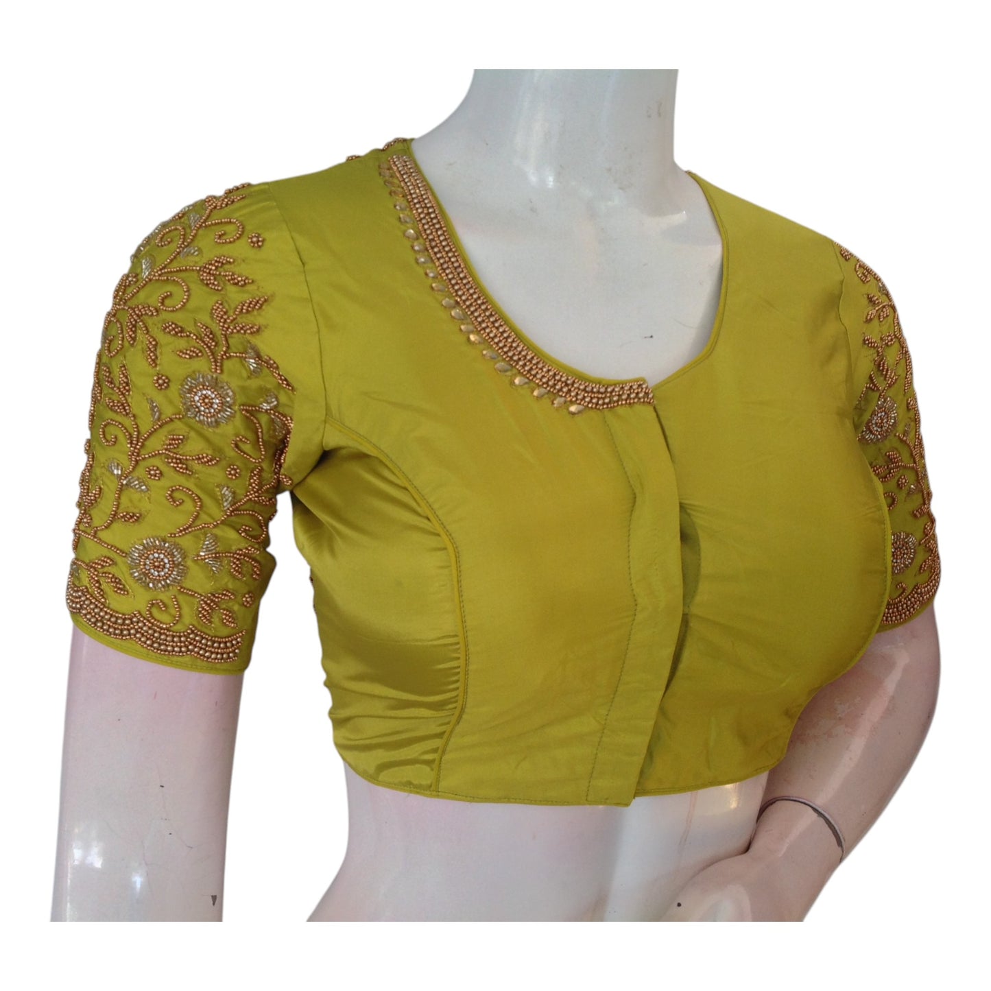 Fresh Lemon Green High Neck Blouse with Aari Floral & Peacock Handwork