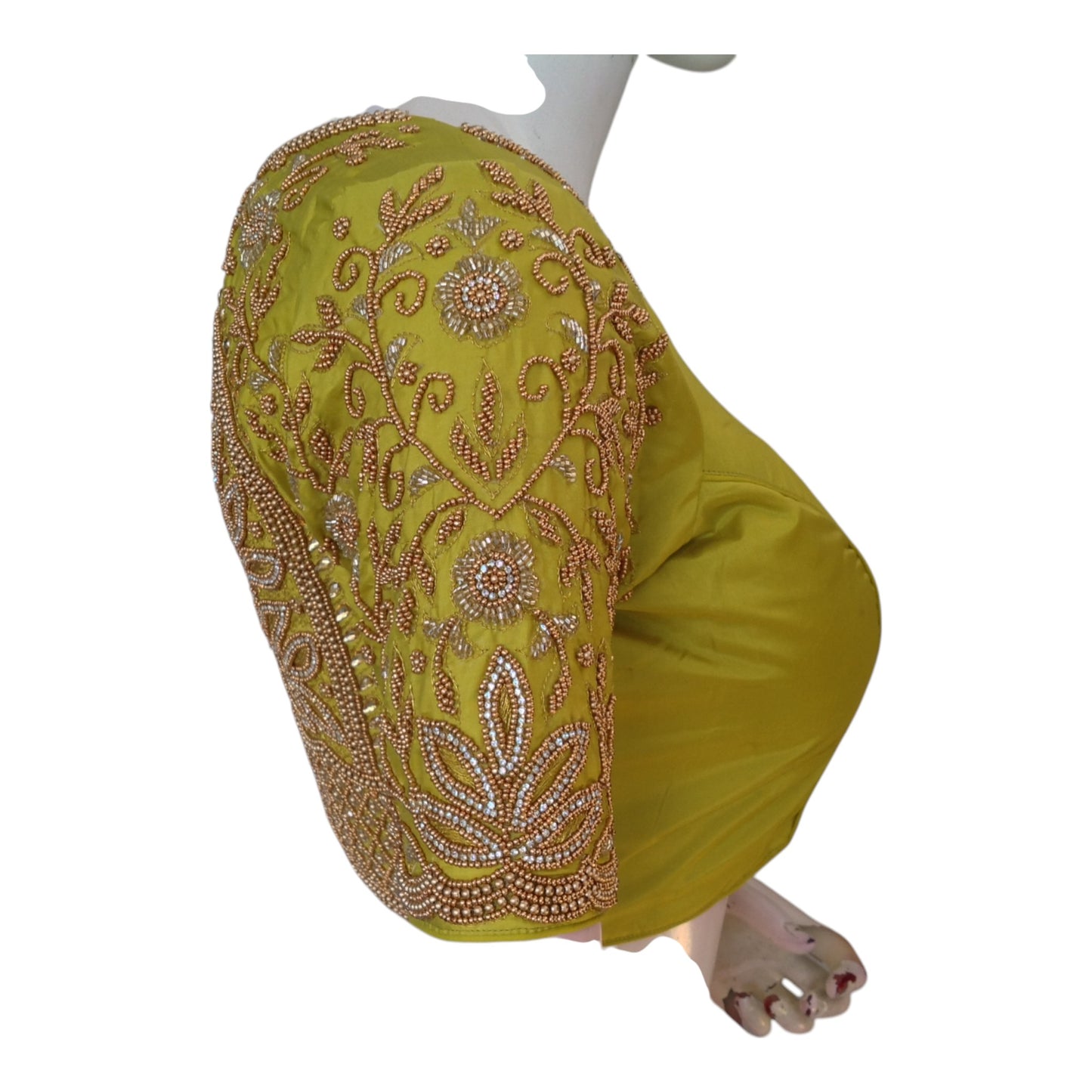 Fresh Lemon Green High Neck Blouse with Aari Floral & Peacock Handwork