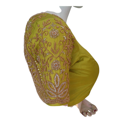 Fresh Lemon Green High Neck Blouse with Aari Floral & Peacock Handwork