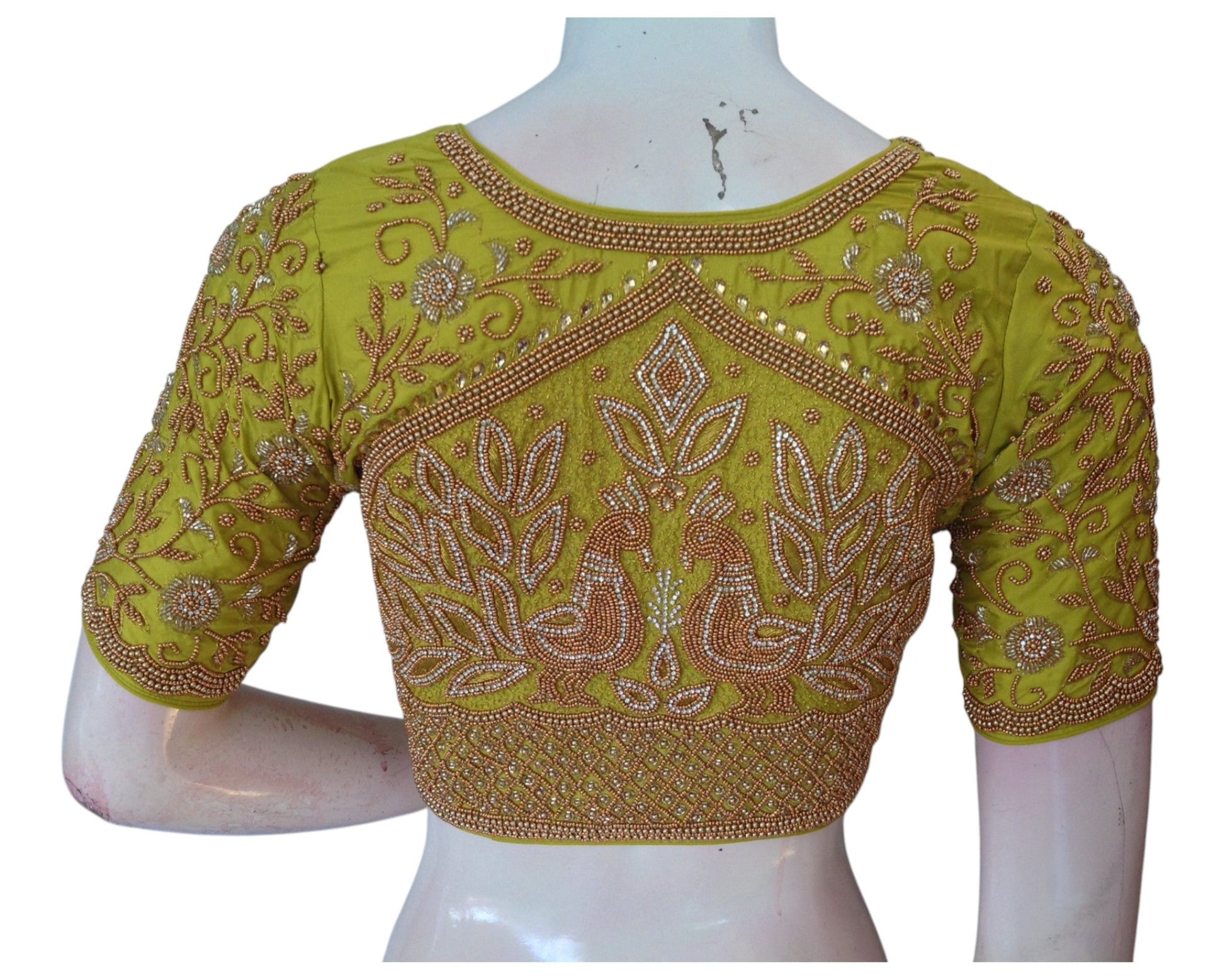 Fresh Lemon Green High Neck Blouse with Aari Floral & Peacock Handwork