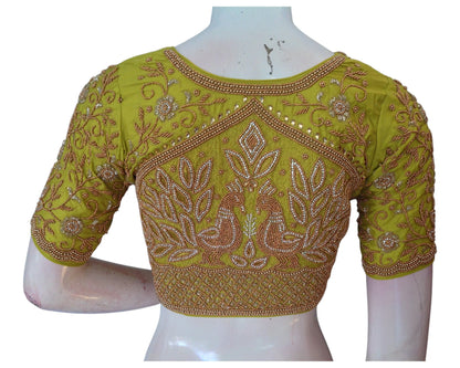 Fresh Lemon Green High Neck Blouse with Aari Floral & Peacock Handwork