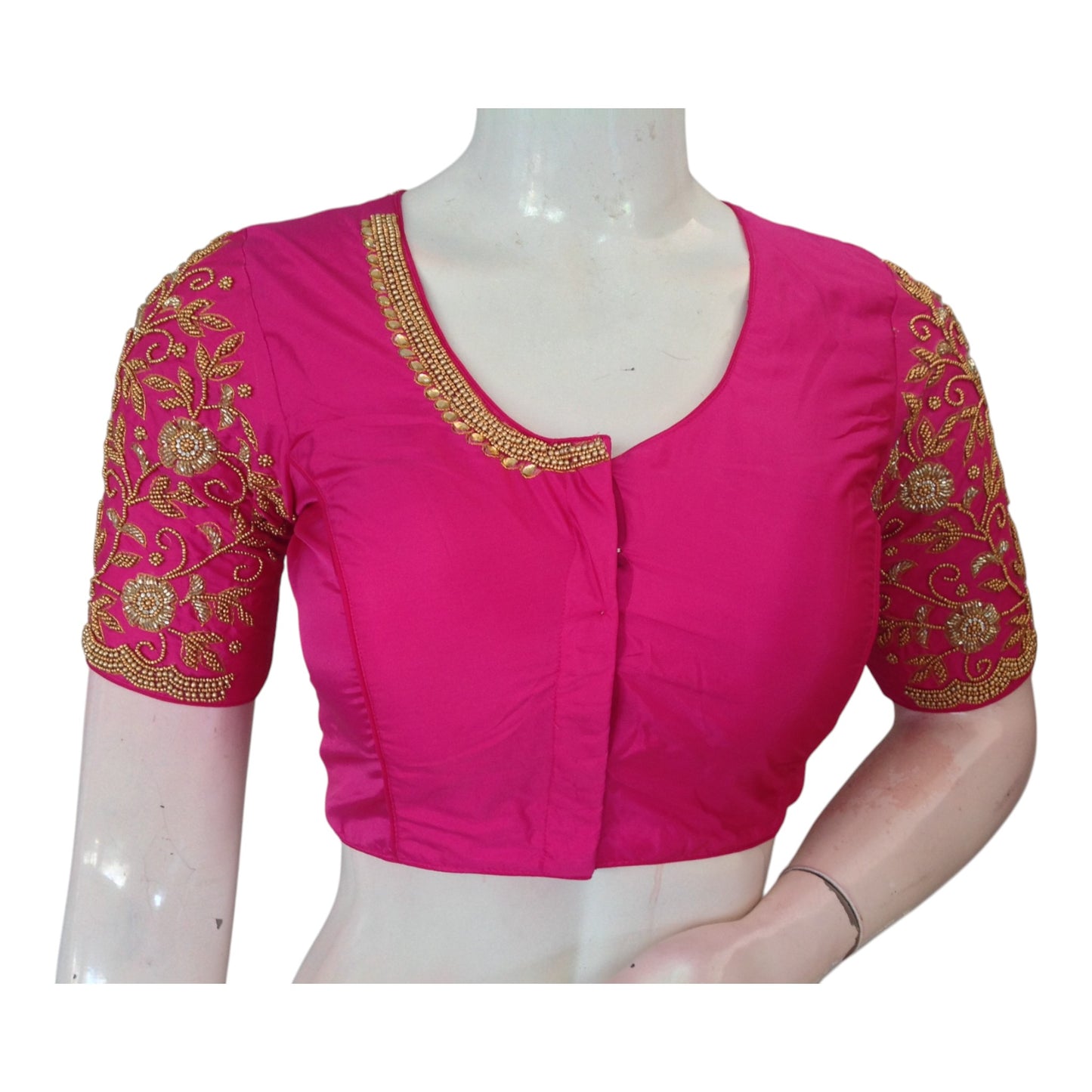 Radiant Rani Pink High Neck Blouse with Aari Floral & Peacock Designs