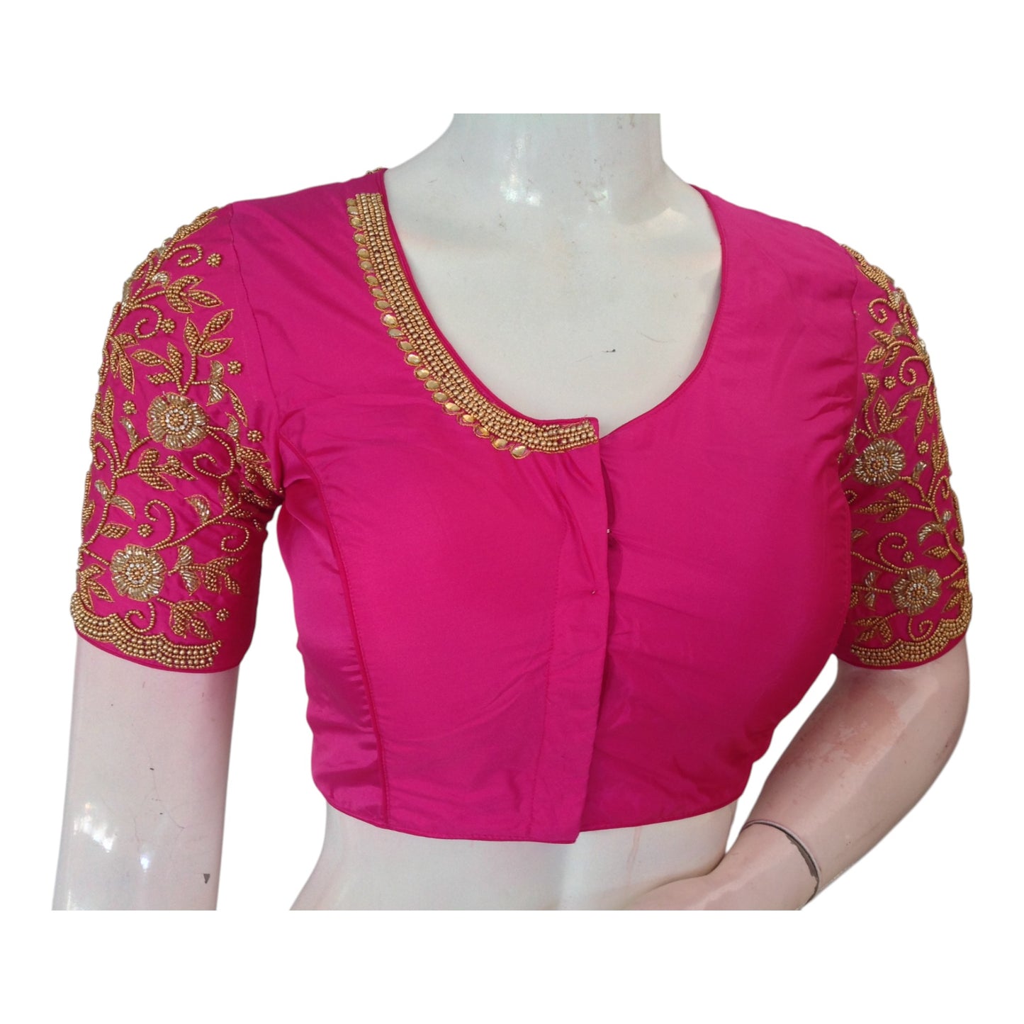 Radiant Rani Pink High Neck Blouse with Aari Floral & Peacock Designs