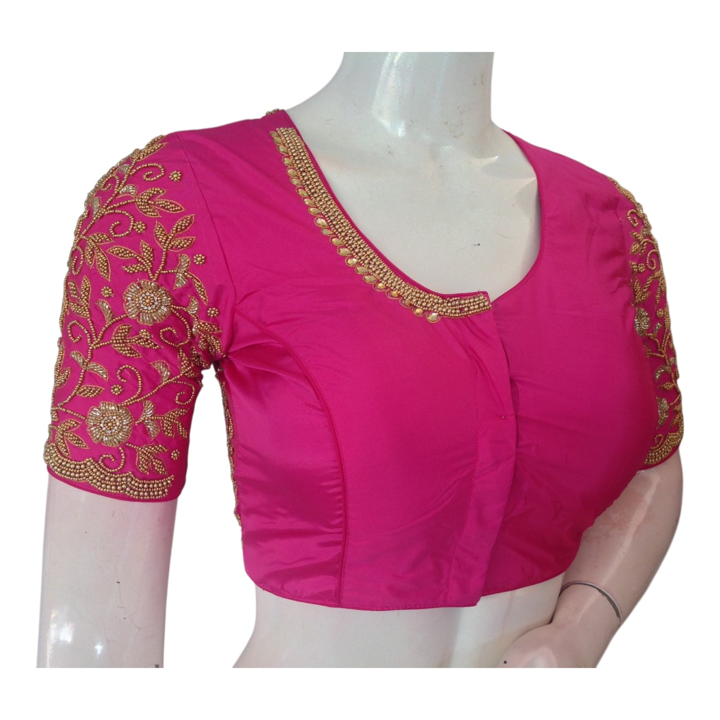 Radiant Rani Pink High Neck Blouse with Aari Floral & Peacock Designs