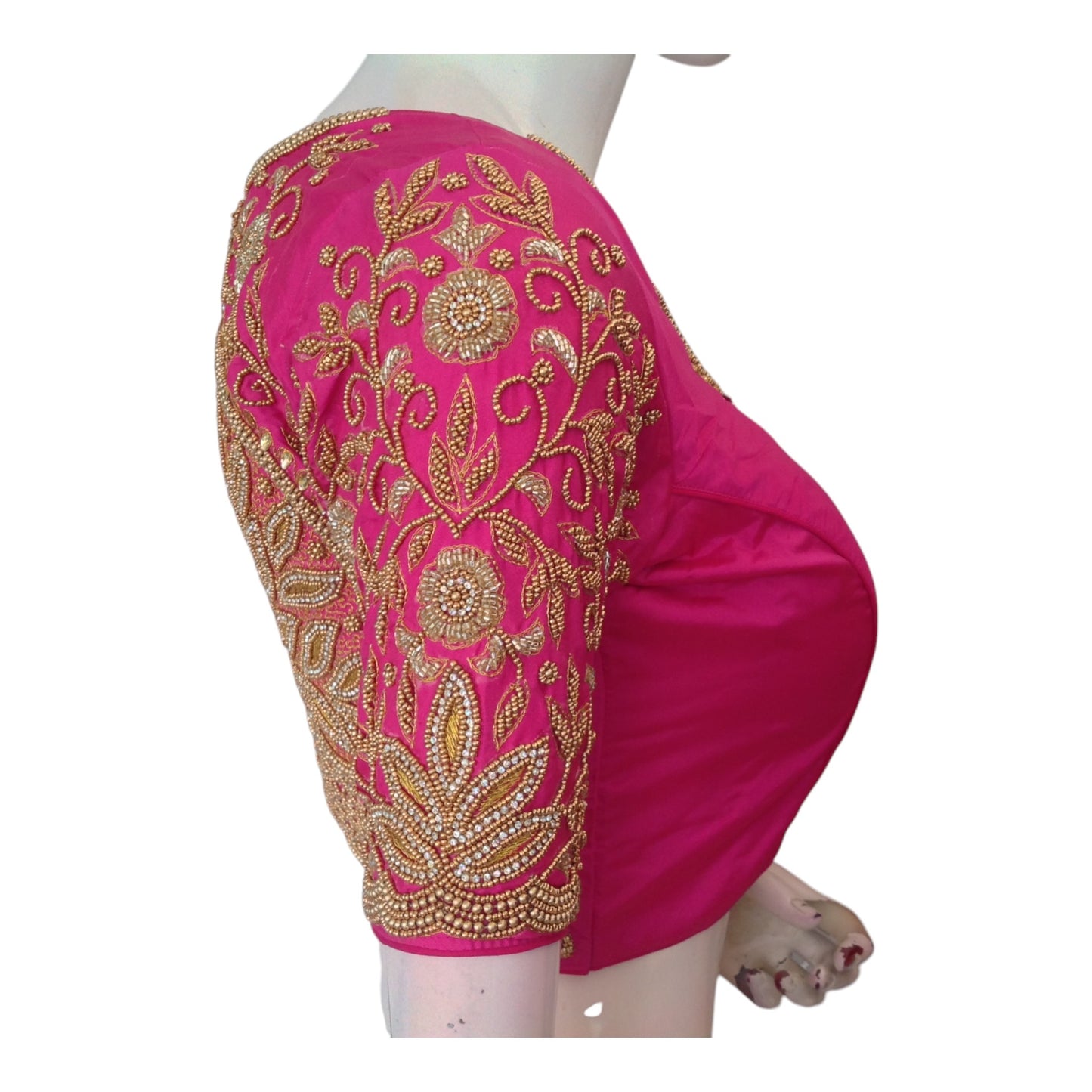 Radiant Rani Pink High Neck Blouse with Aari Floral & Peacock Designs