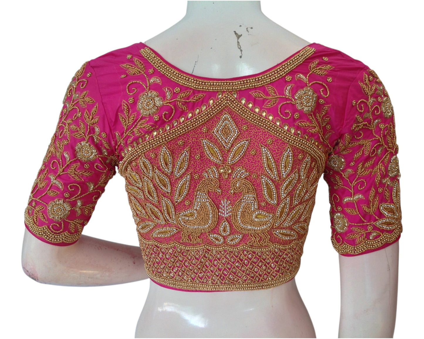 Radiant Rani Pink High Neck Blouse with Aari Floral & Peacock Designs