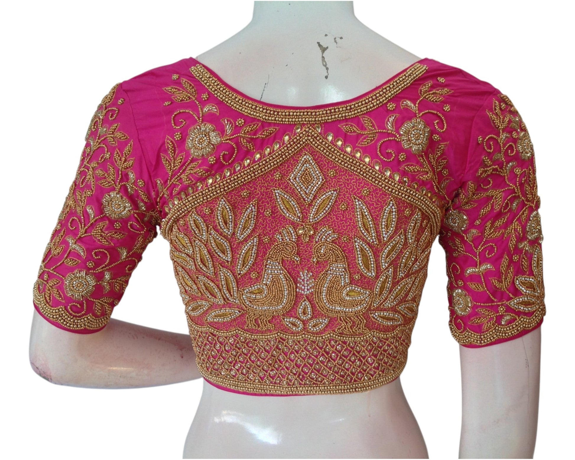 Radiant Rani Pink High Neck Blouse with Aari Floral & Peacock Designs
