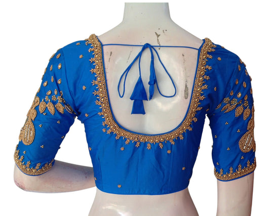 Wedding Elegance Blue Color Aari Handwork Silk Saree Blouse