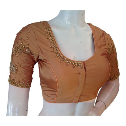 Handcrafted Peach Silk Saree Blouse with Delicate Aari Handwork