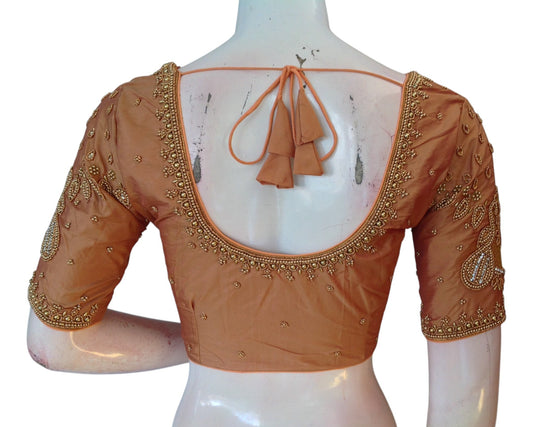 Handcrafted Peach Silk Saree Blouse with Delicate Aari Handwork