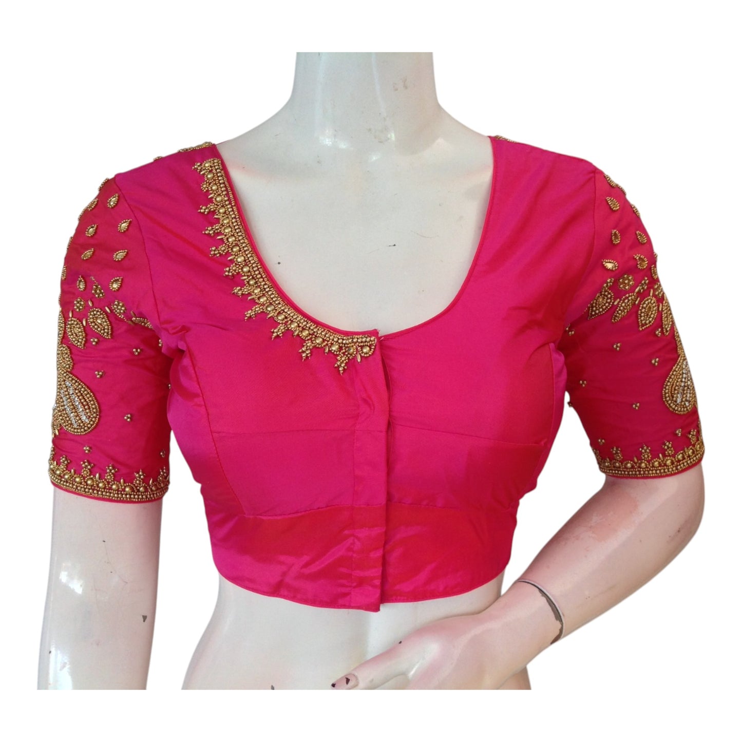 Elegant Pink Aari Work Wedding Silk Saree Blouse with Handcrafted Details