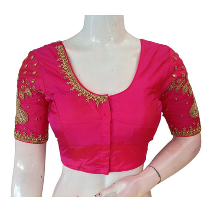 Elegant Pink Aari Work Wedding Silk Saree Blouse with Handcrafted Details
