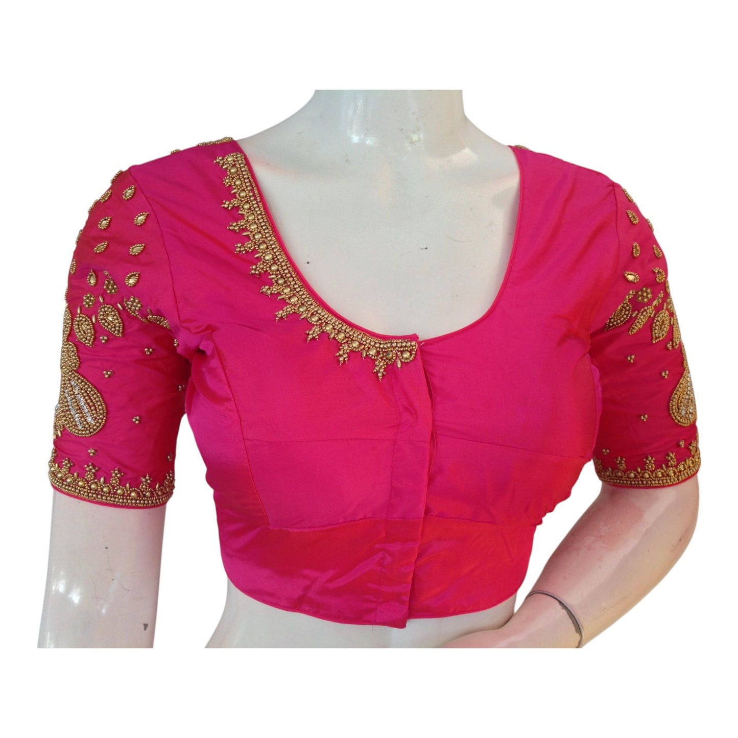 Elegant Pink Aari Work Wedding Silk Saree Blouse with Handcrafted Details