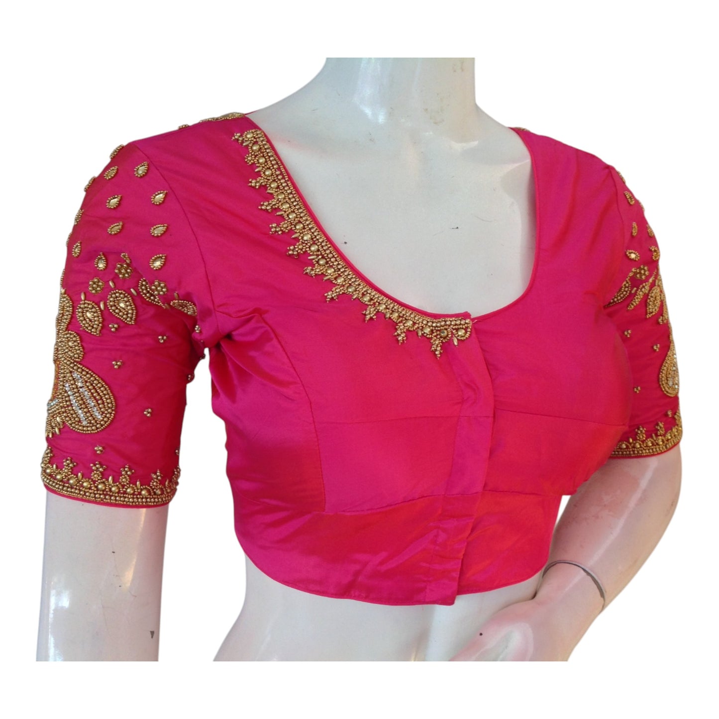 Elegant Pink Aari Work Wedding Silk Saree Blouse with Handcrafted Details