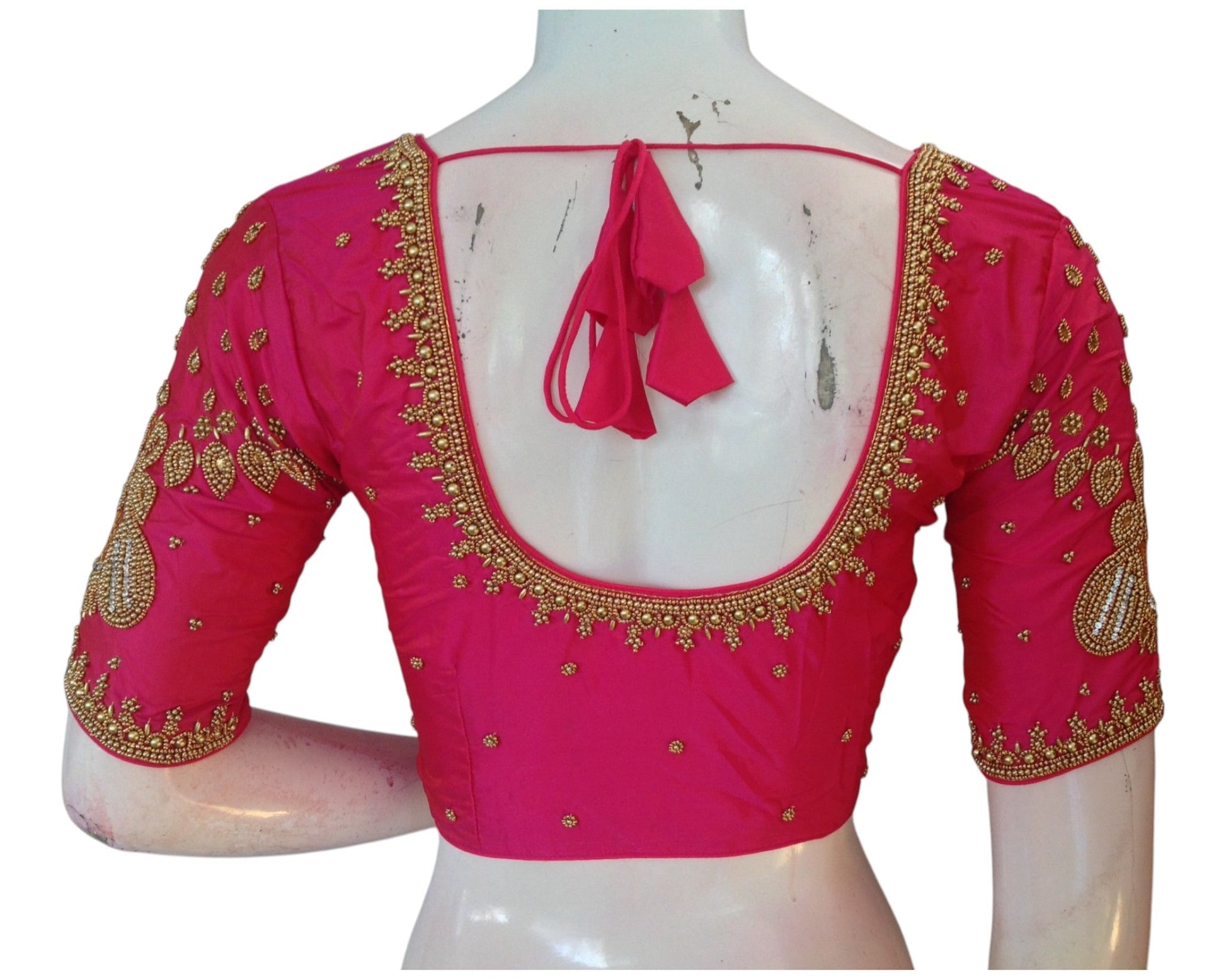 Elegant Pink Aari Work Wedding Silk Saree Blouse with Handcrafted Details