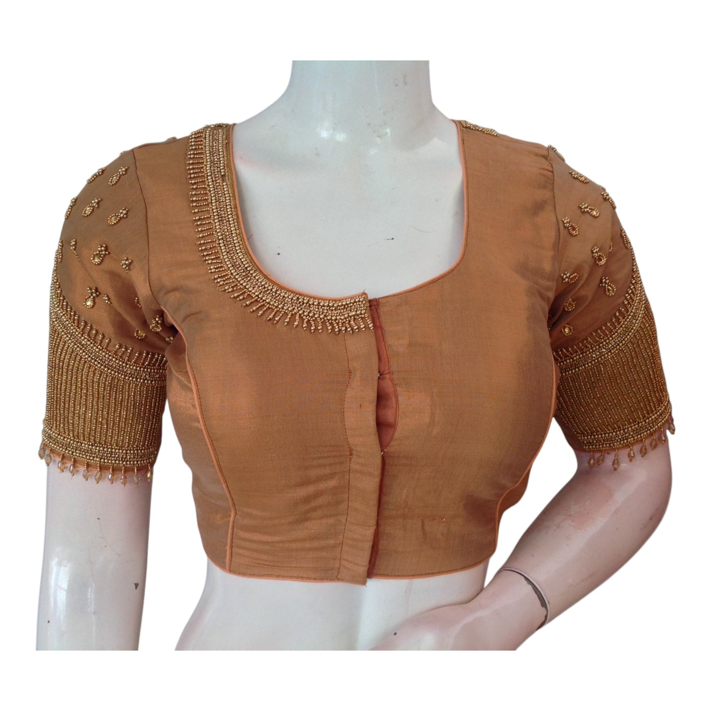 Lustrous Tissue Copper Aari & Beads Wedding Silk Blouse with Designer Sleeves