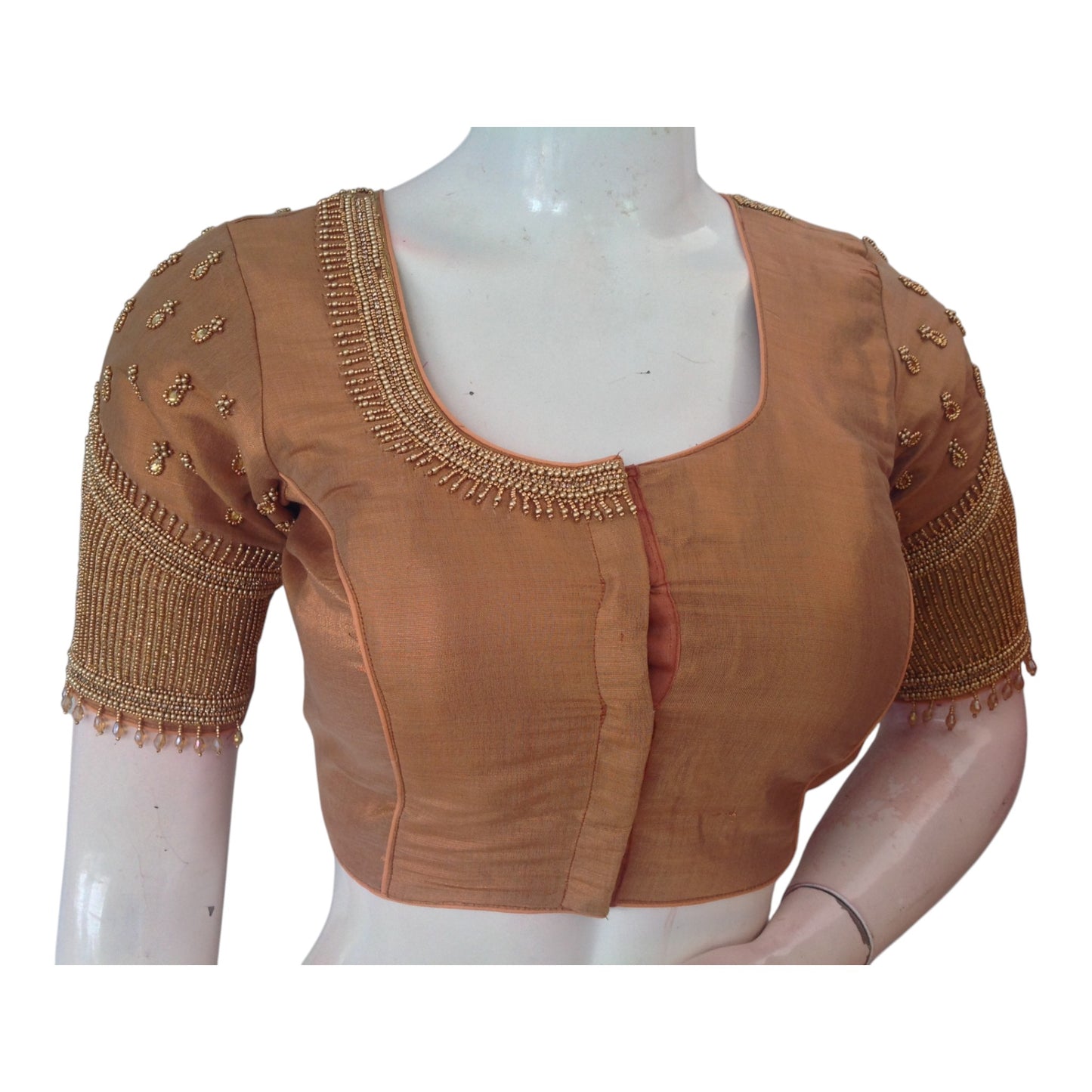 Lustrous Tissue Copper Aari & Beads Wedding Silk Blouse with Designer Sleeves