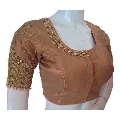 Lustrous Tissue Copper Aari & Beads Wedding Silk Blouse with Designer Sleeves