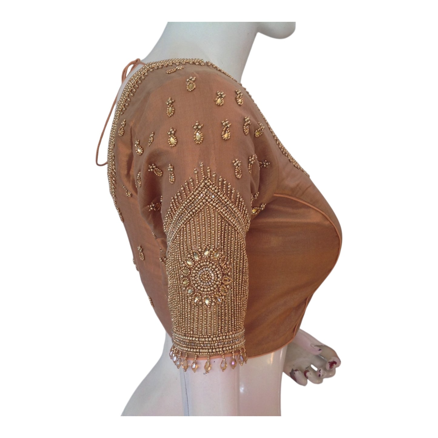Lustrous Tissue Copper Aari & Beads Wedding Silk Blouse with Designer Sleeves