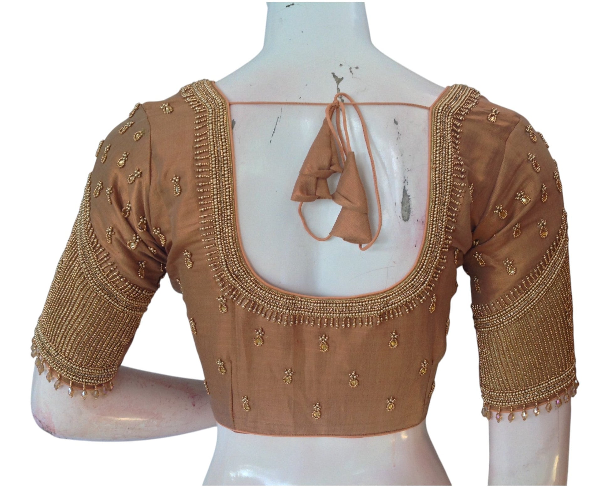 Lustrous Tissue Copper Aari & Beads Wedding Silk Blouse with Designer Sleeves