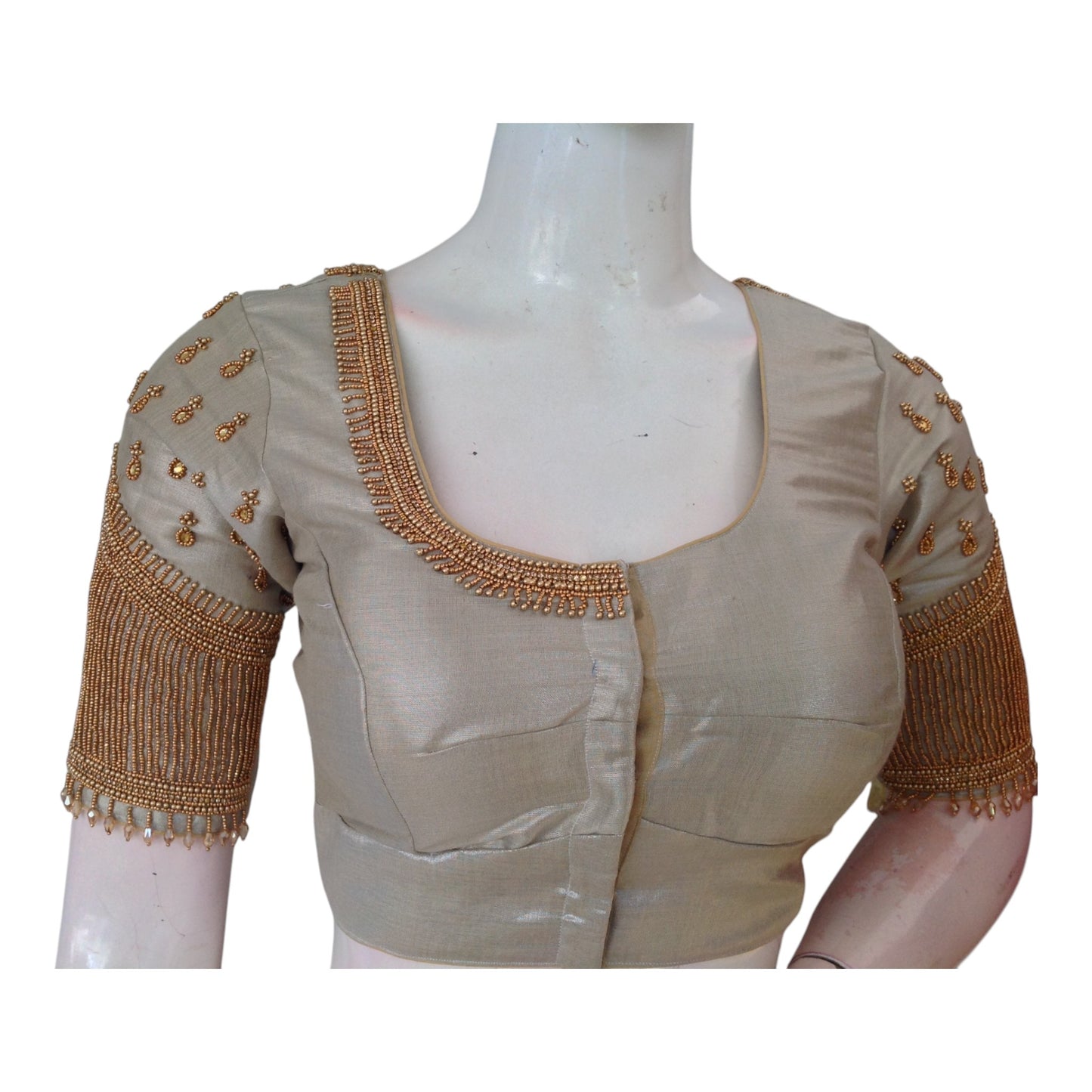 Elegant Dark Beige Tissue Silk Aari & Beads Wedding Blouse with Designer Sleeves
