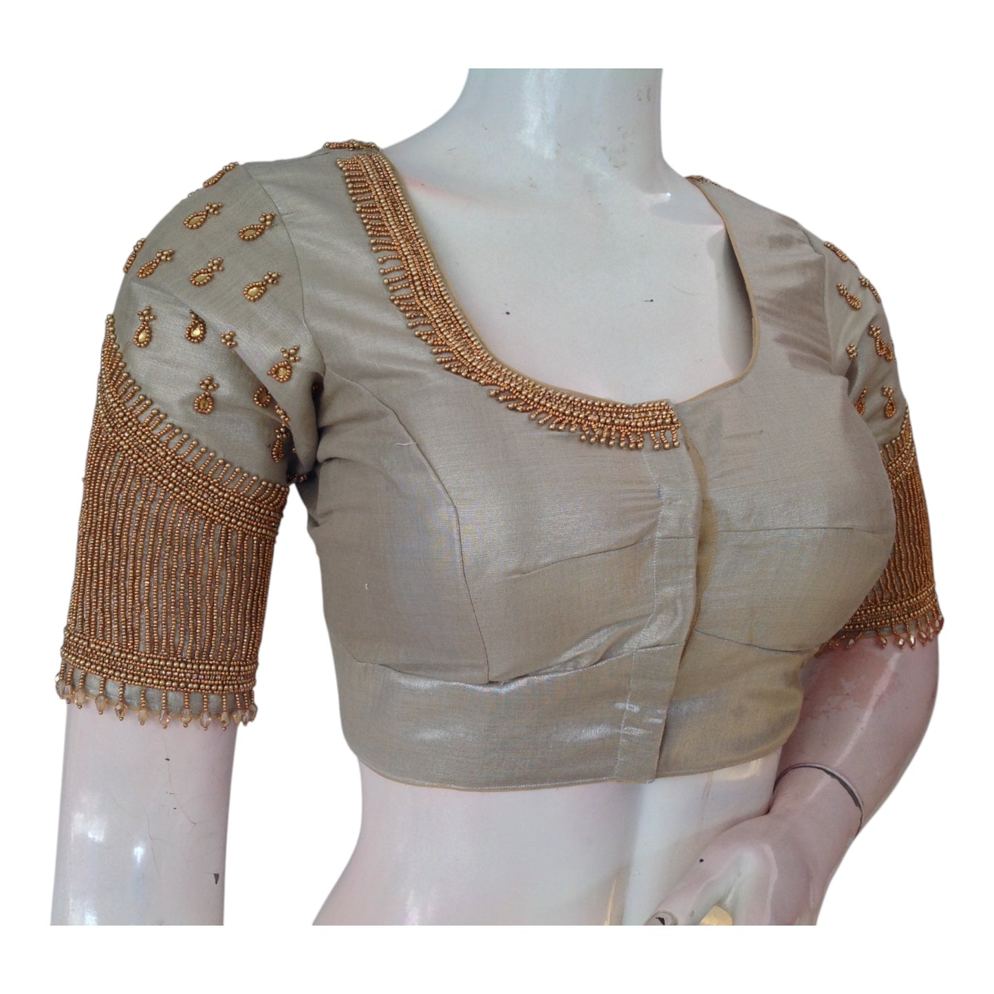 Elegant Dark Beige Tissue Silk Aari & Beads Wedding Blouse with Designer Sleeves