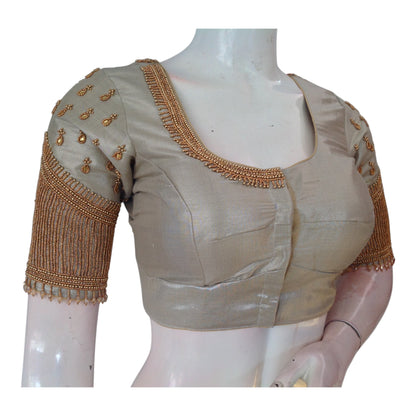 Elegant Dark Beige Tissue Silk Aari & Beads Wedding Blouse with Designer Sleeves