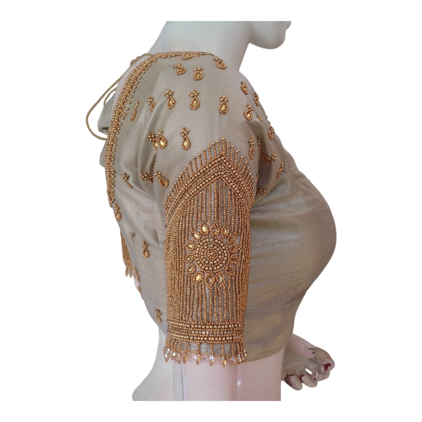 Elegant Dark Beige Tissue Silk Aari & Beads Wedding Blouse with Designer Sleeves