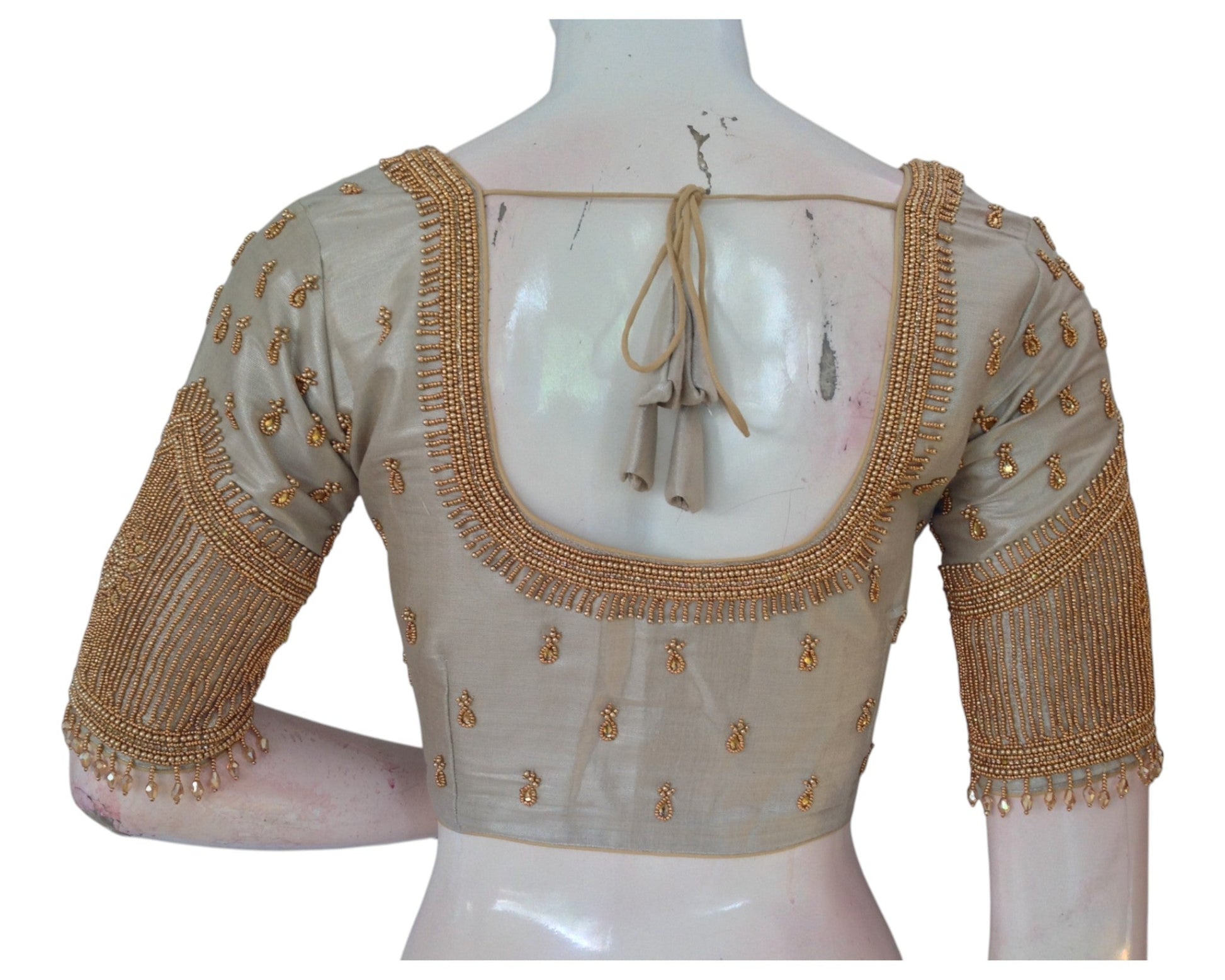 Elegant Dark Beige Tissue Silk Aari & Beads Wedding Blouse with Designer Sleeves