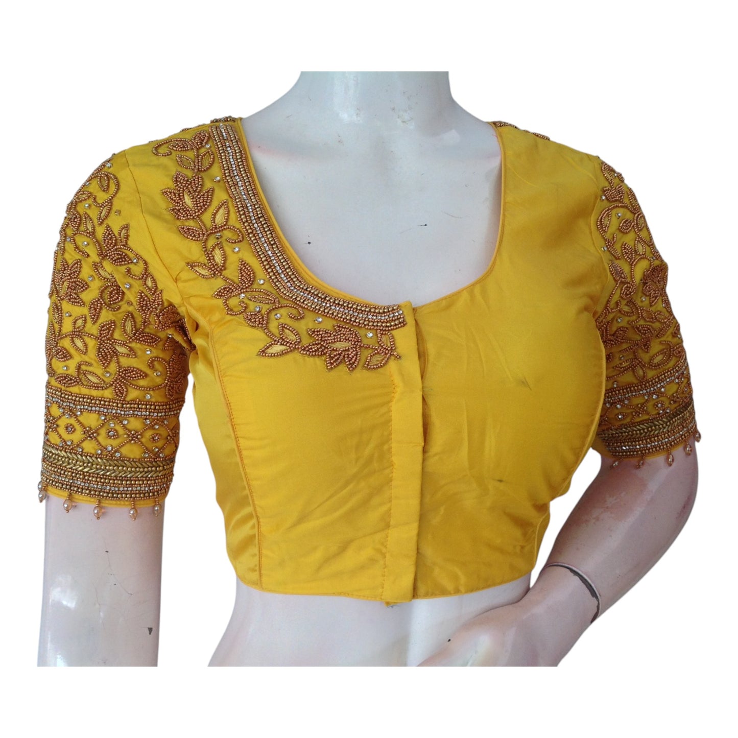 Elegant Yellow Color Aari Handwork Bridal Silk Saree Blouse