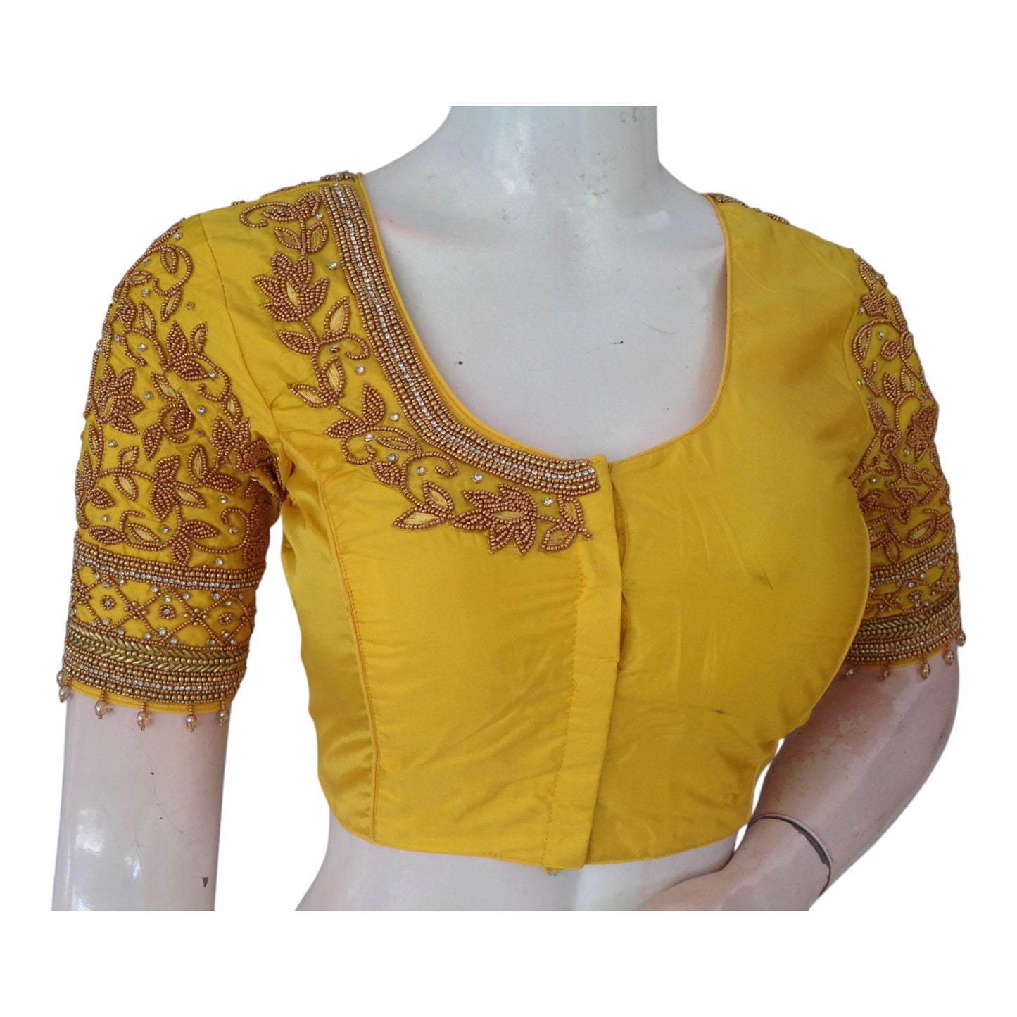 Elegant Yellow Color Aari Handwork Bridal Silk Saree Blouse