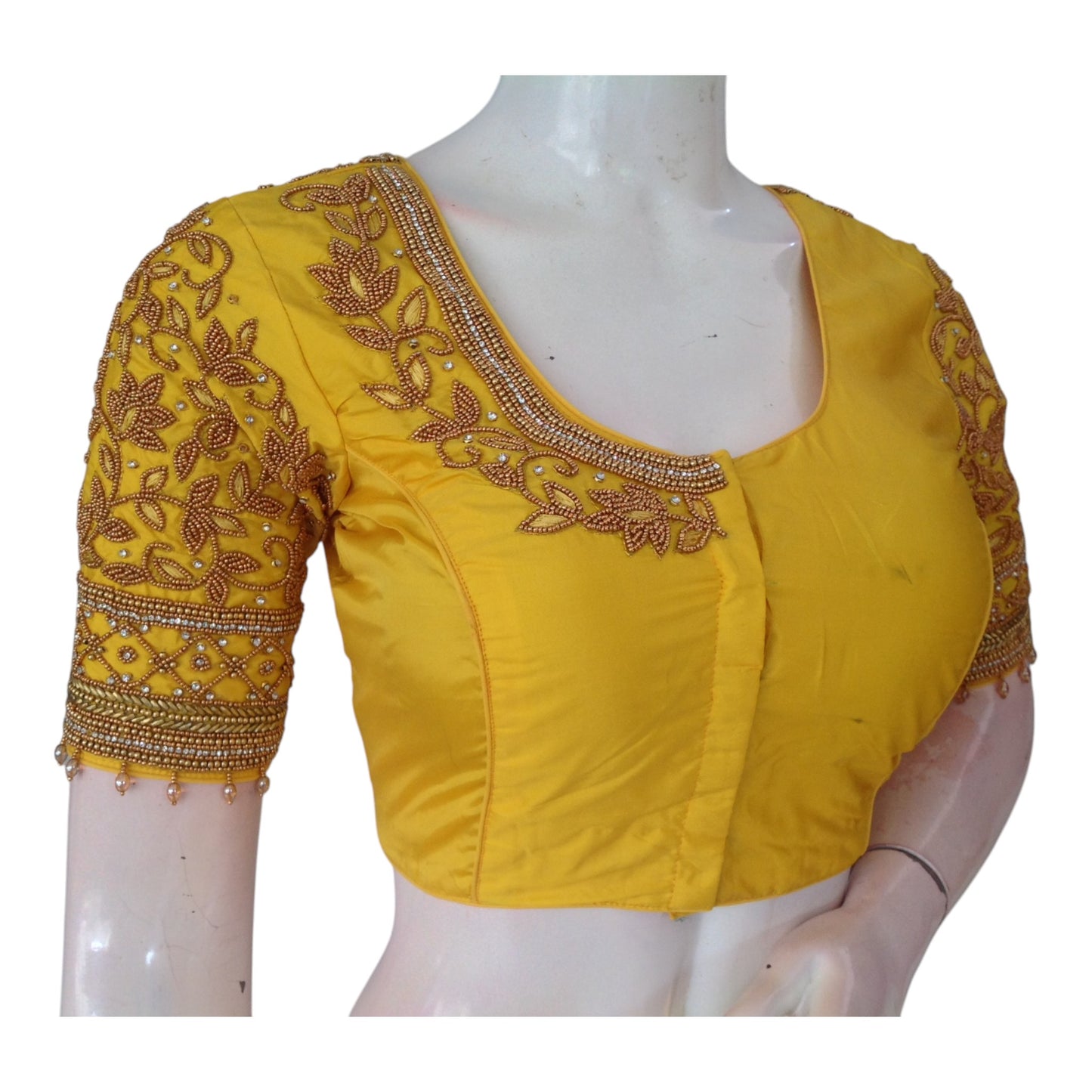 Elegant Yellow Color Aari Handwork Bridal Silk Saree Blouse