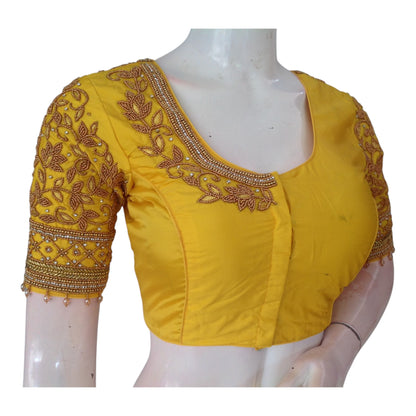 Elegant Yellow Color Aari Handwork Bridal Silk Saree Blouse