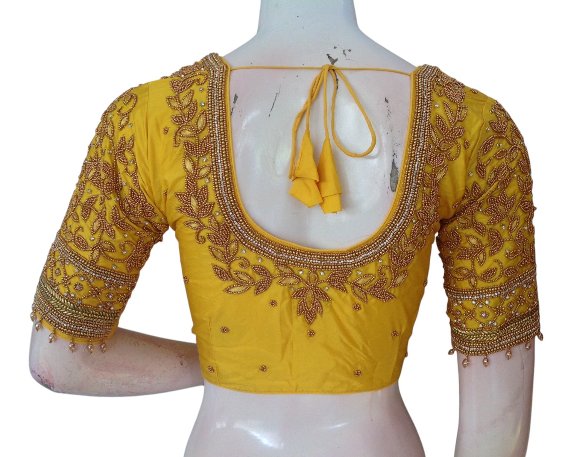 Elegant Yellow Color Aari Handwork Bridal Silk Saree Blouse