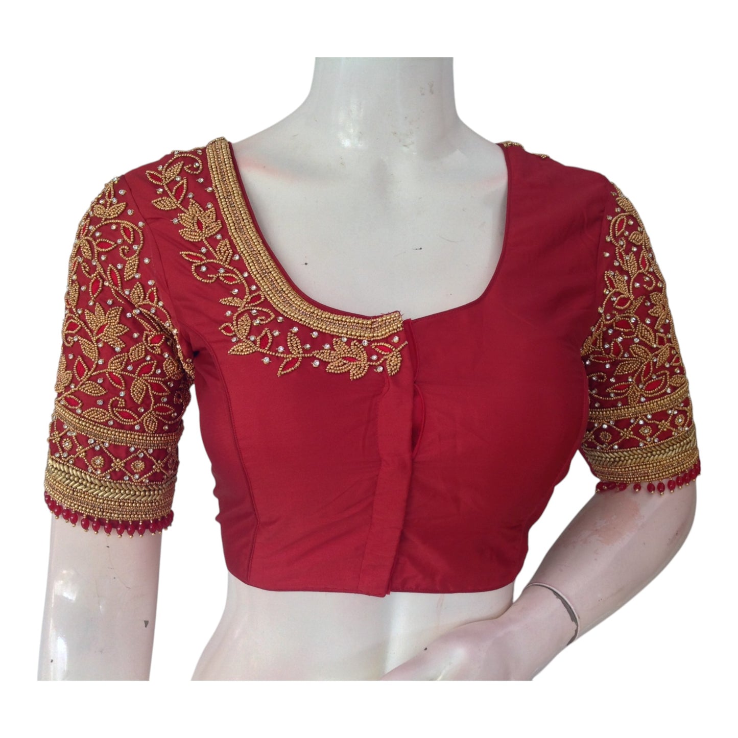 Sophisticated Maroon Silk Saree Blouse with Unique Aari Sleeve Design