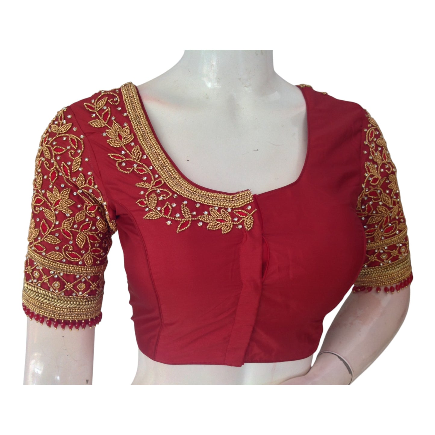 Sophisticated Maroon Silk Saree Blouse with Unique Aari Sleeve Design